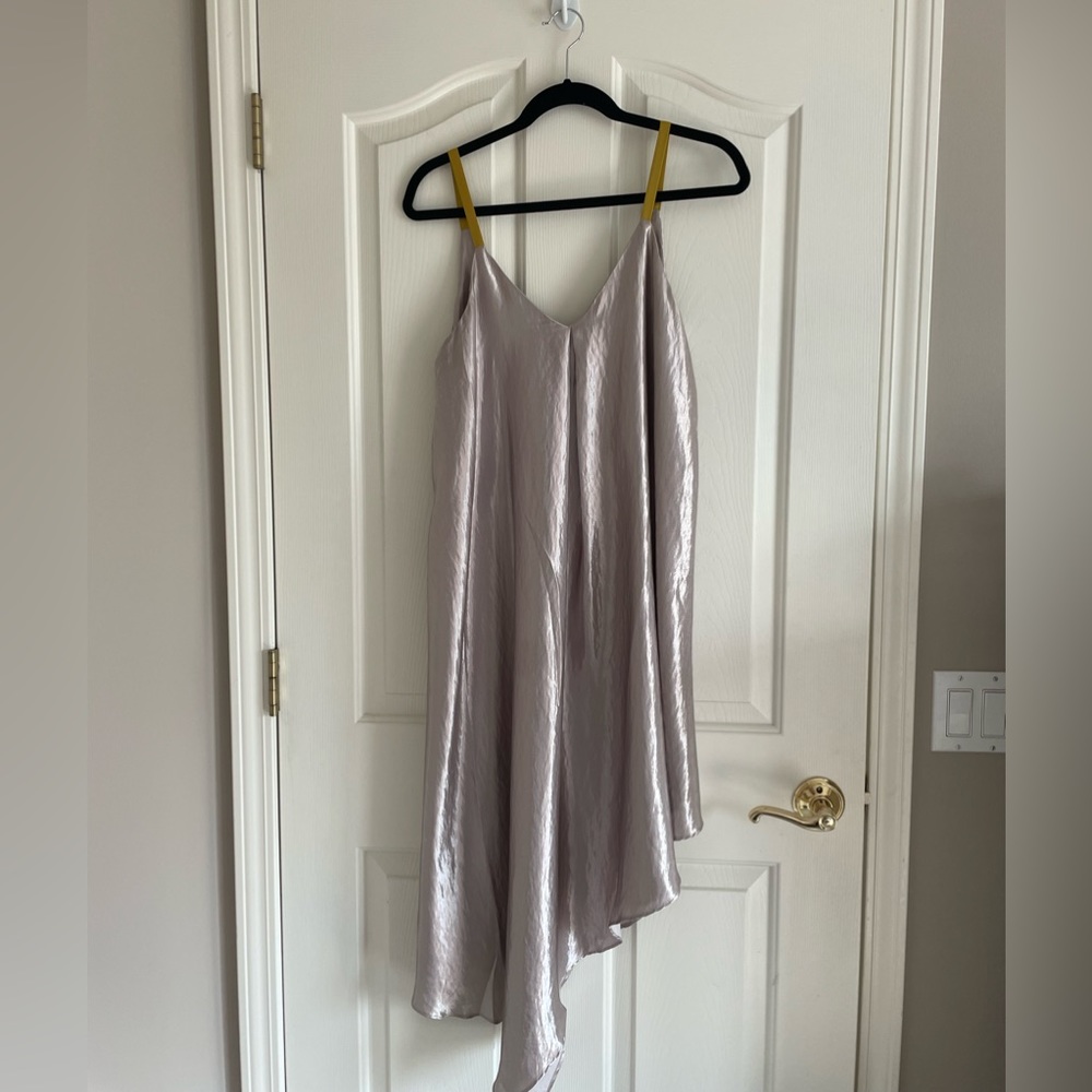 Loved by Anthropologie Silver high low silky dress.